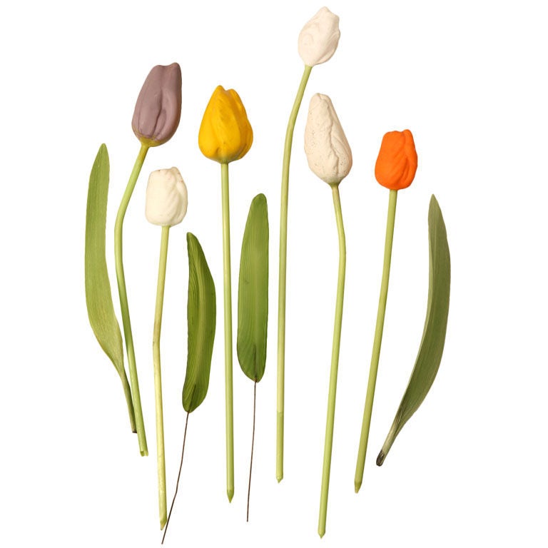 Stunning Set of 6 Vintage German Mouth-Blown Tulips w/Silk Leave