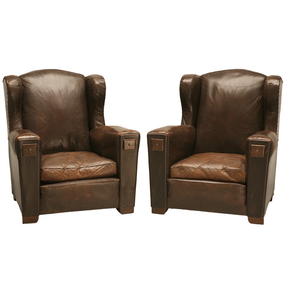 French Leather Club Chairs in Original Leather, circa 1930s
