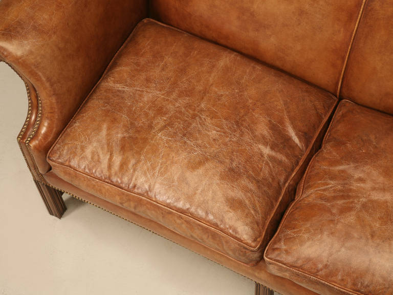 British Vintage Leather Chippendale Style Settee Made in England