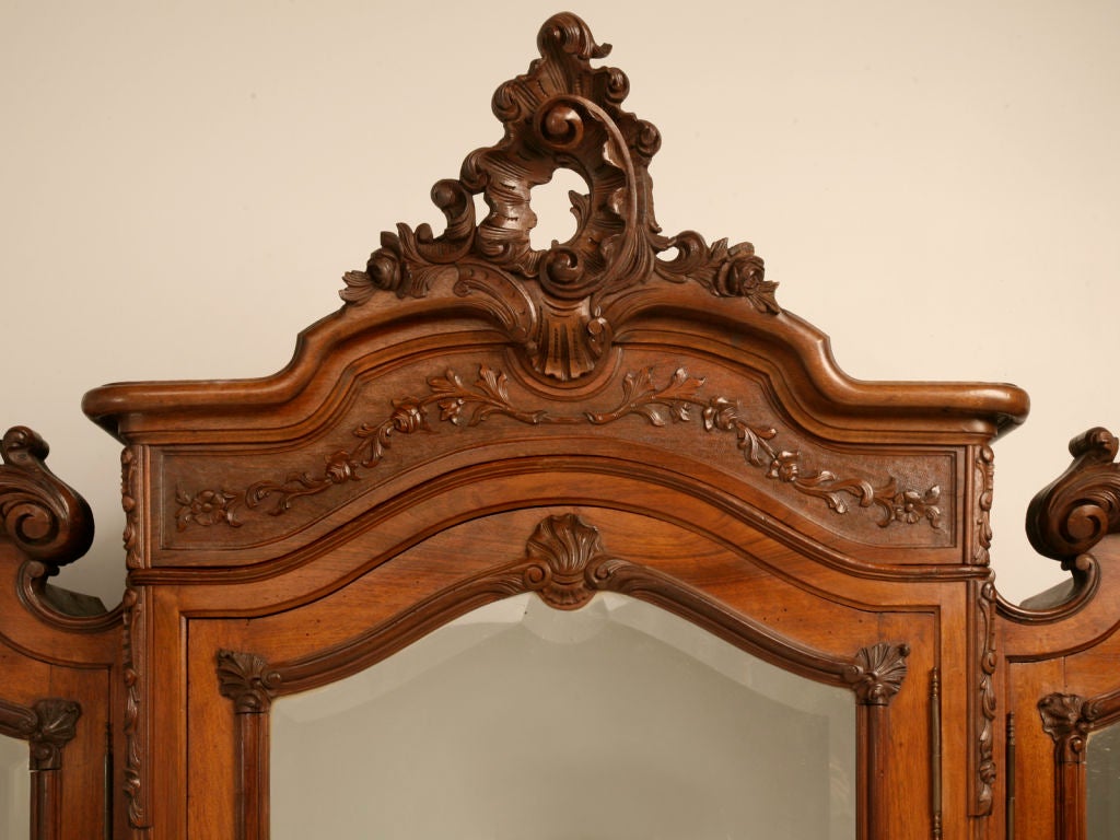 19th Century Exquisite Antique French Rococo Triple Walnut Armoire w/Mirrors