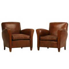 Vintage Pair of Fully Restored 1940's French Club Chairs w/Orig. Leather