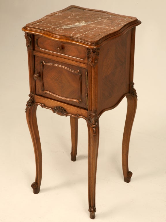 Petite Antique French Rococo Nightstand in Walnut with Marble Top