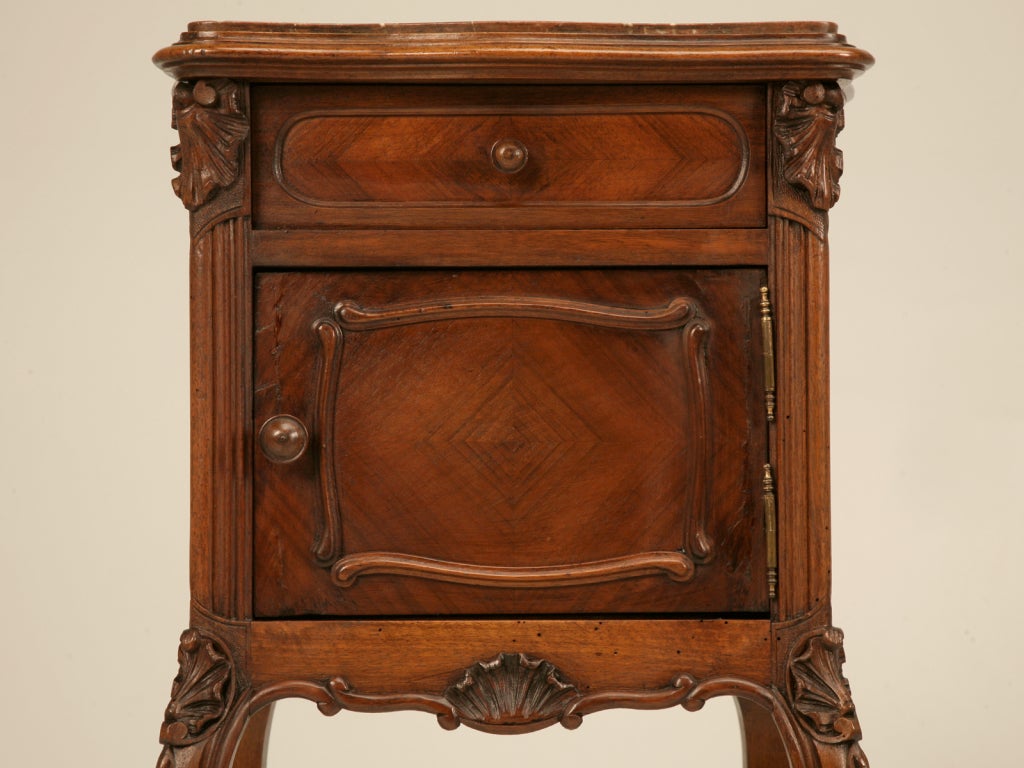 Petite Antique French Rococo Nightstand in Walnut with Marble Top at