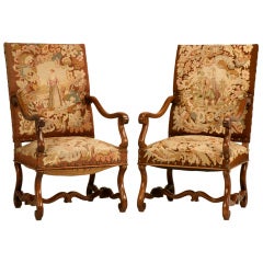 Pair of Original Antique French Walnut & Needlepoint Throne Chairs