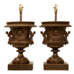 Magnificent Pair of Italian Iron Cherub Urns Fitted as Lamps 5