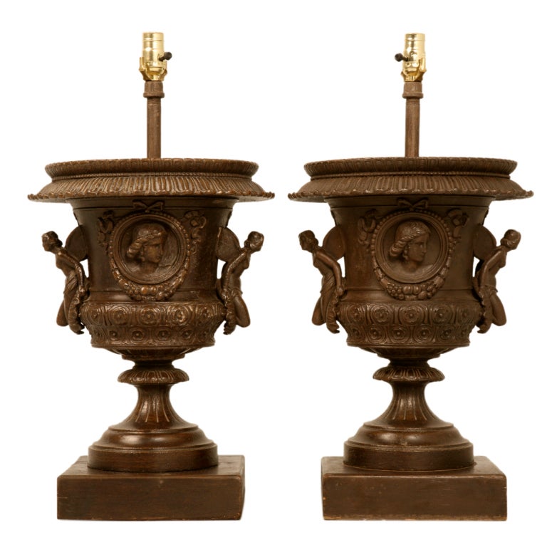 Pair of Italian Iron Winged Maidens Urns Fitted as Table Lamps Very Well Made For Sale