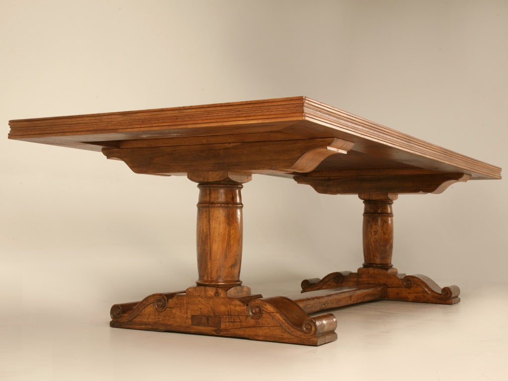 Contemporary Country French Inspired Walnut Trestle Dining Table Fleur De Lys Motif Seats 14