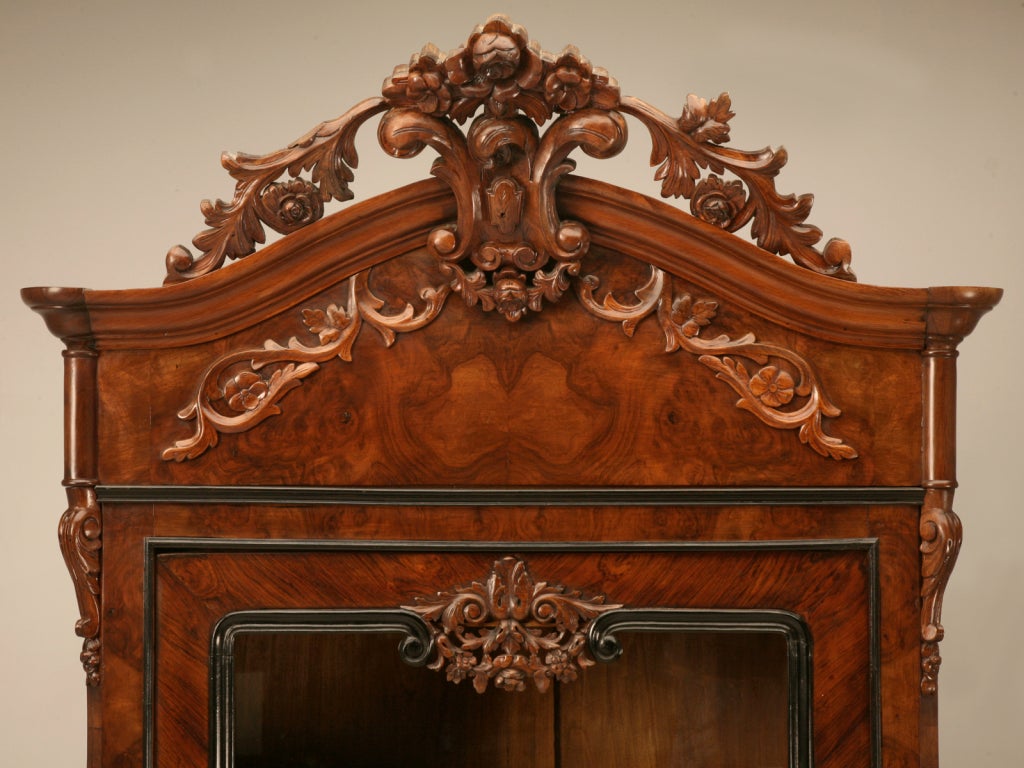 Victorian Antique French Bookcase or China Cabinet in Burl Walnut with 2 Lower Drawers For Sale