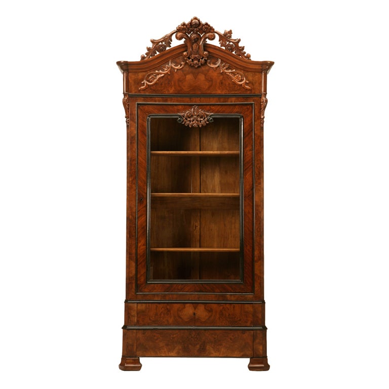 Antique French Bookcase or China Cabinet in Burl Walnut with 2 Lower Drawers For Sale