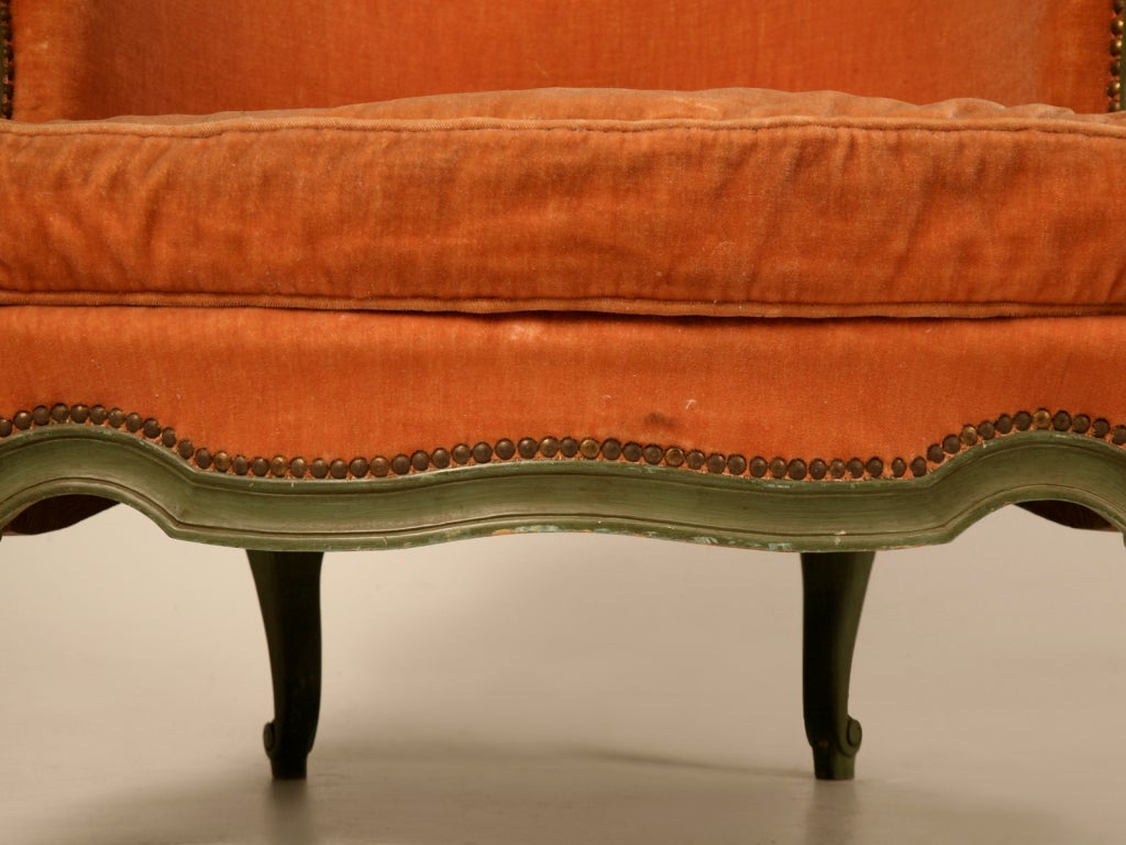 Antique French Louis XV 'Pumpkin' Bergere with Barrel Back and Mohair For Sale 1