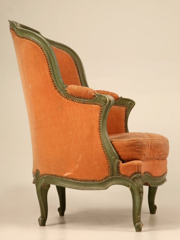 Antique French Louis XV 'Pumpkin' Bergere with Barrel Back and Mohair For Sale 3