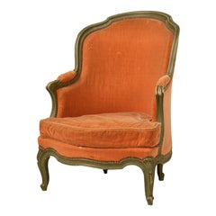 Antique French Louis XV 'Pumpkin' Bergere with Barrel Back and Mohair