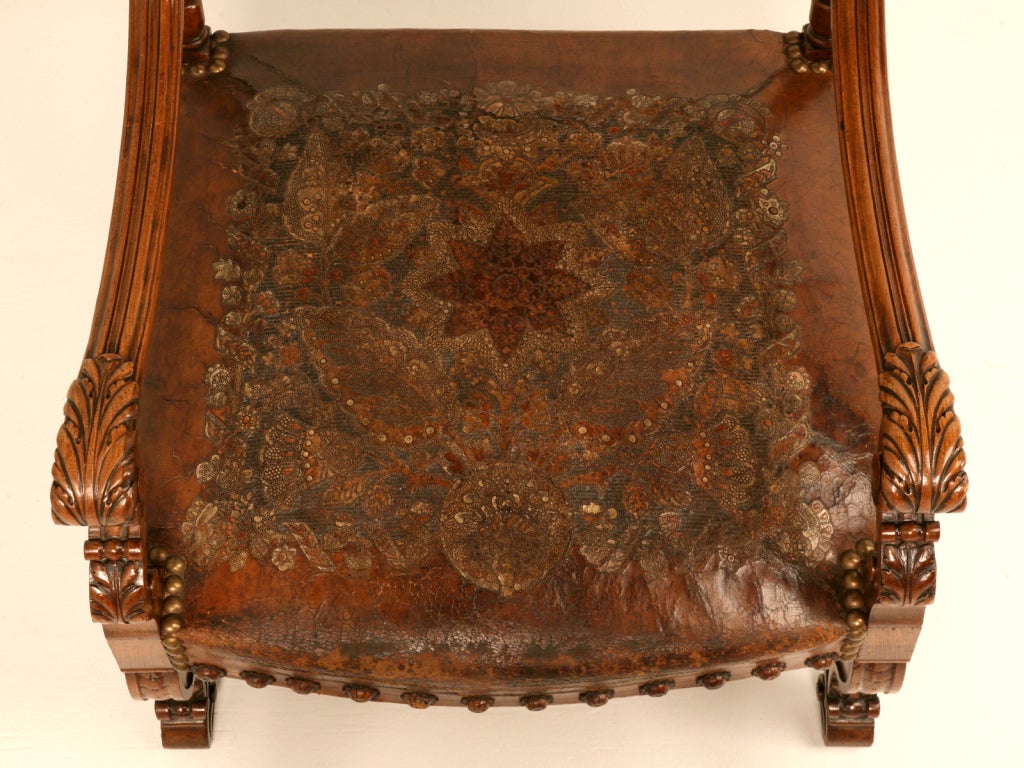 Walnut Antique Armchair with Original Tooled and Painted Leather