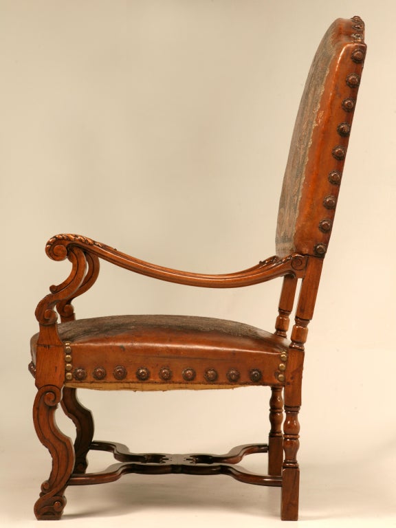 Antique Armchair with Original Tooled and Painted Leather 2