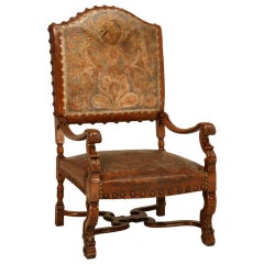 Antique Armchair with Original Tooled and Painted Leather