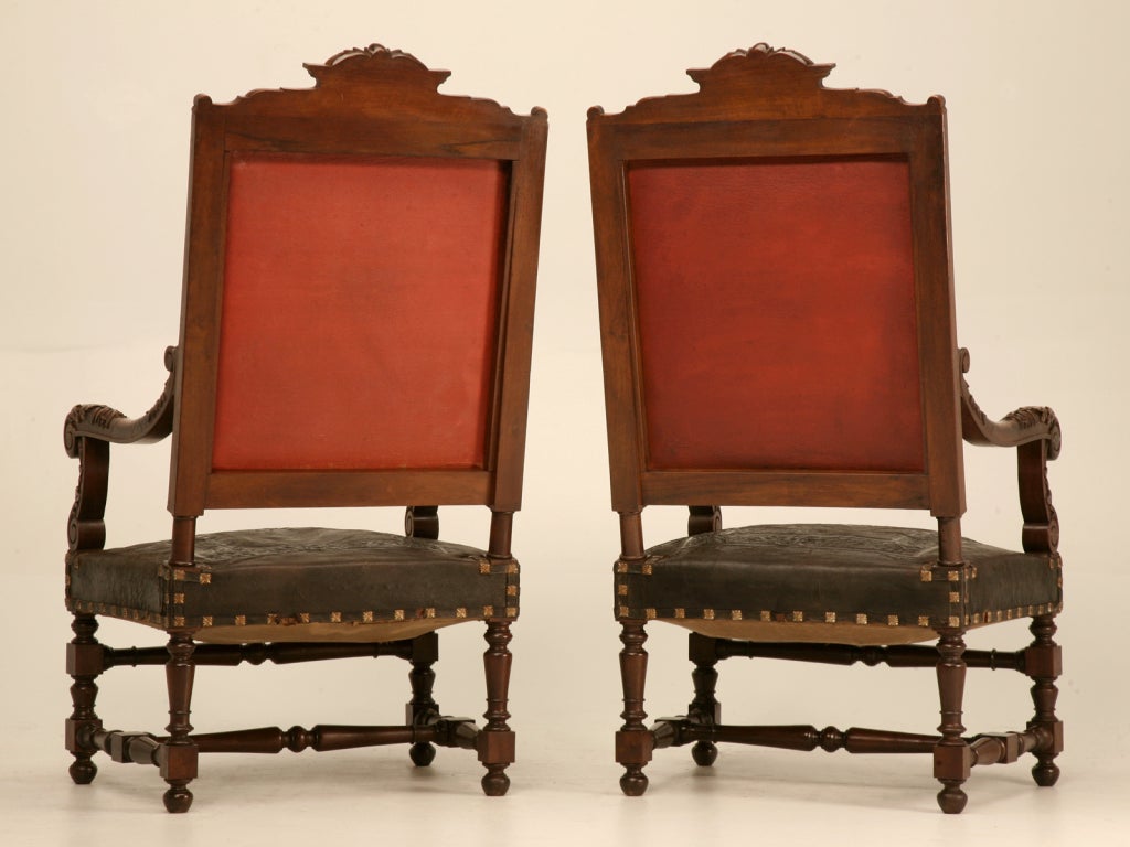 Majestic Pair of Antique Carved Throne Chairs w/Tooled Leather 5