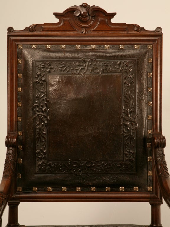 Spanish Majestic Pair of Antique Carved Throne Chairs w/Tooled Leather