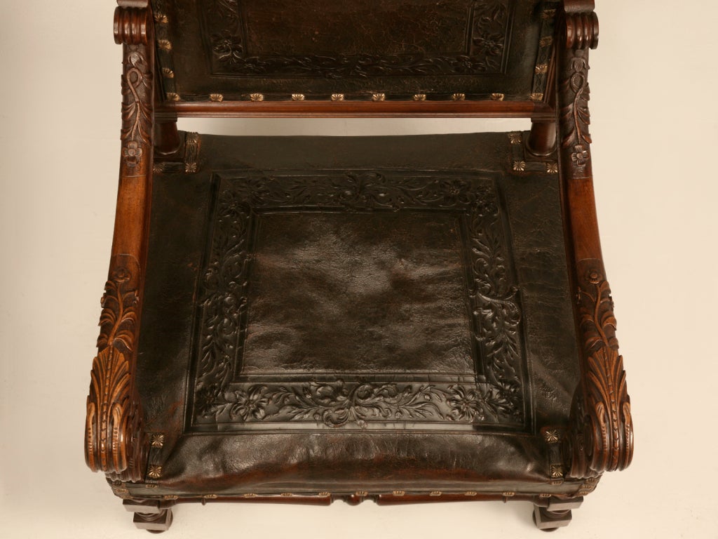 Walnut Majestic Pair of Antique Carved Throne Chairs w/Tooled Leather