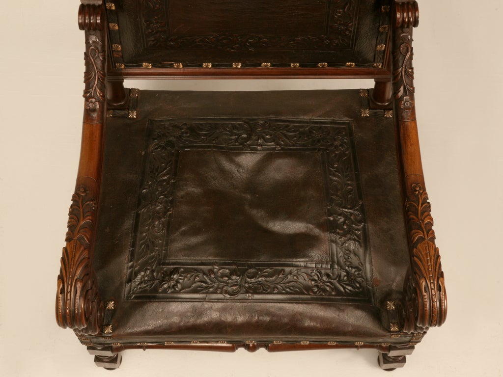 Majestic Pair of Antique Carved Throne Chairs w/Tooled Leather 1