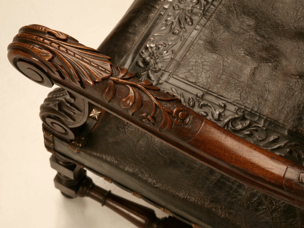 Majestic Pair of Antique Carved Throne Chairs w/Tooled Leather 2