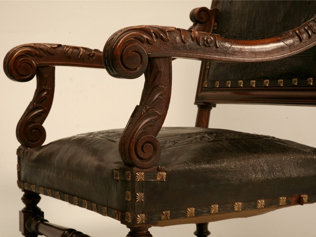 Majestic Pair of Antique Carved Throne Chairs w/Tooled Leather 3