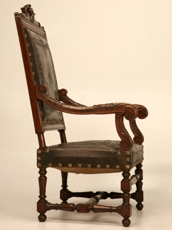 Majestic Pair of Antique Carved Throne Chairs w/Tooled Leather 4