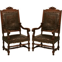Majestic Pair of Antique Carved Throne Chairs w/Tooled Leather