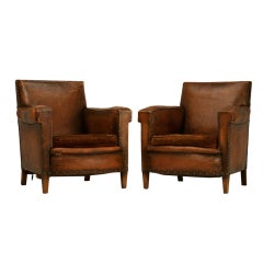 Vintage Amazing Pair of Original French 40's Leather Club Chairs