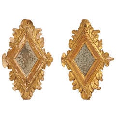 Petite Pair of Original Eighteenth Century Italian Gilt Diamond Shaped Mirrors