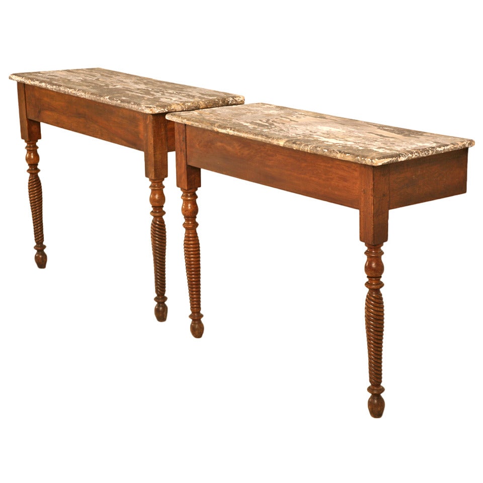 Pair of Antique French Walnut Consoles w/Turned Legs & Faux Marble Tops