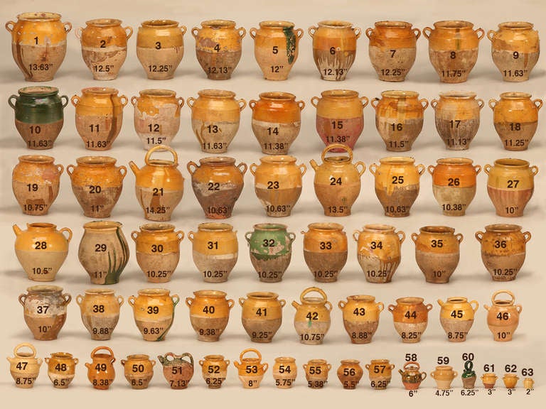 Yes, it is true! You are seeing 63 pieces of antique French pottery all in one place. My buyer's were working overtime when they stumbled upon this assembled collection of pots and jugs. Pots de confit were used primarily in the South of France for