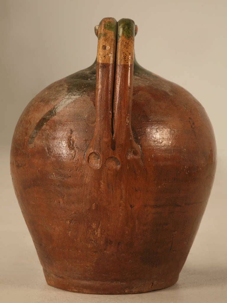 Primitive Antique French Hand Thrown Earthenware Wine Jug 1