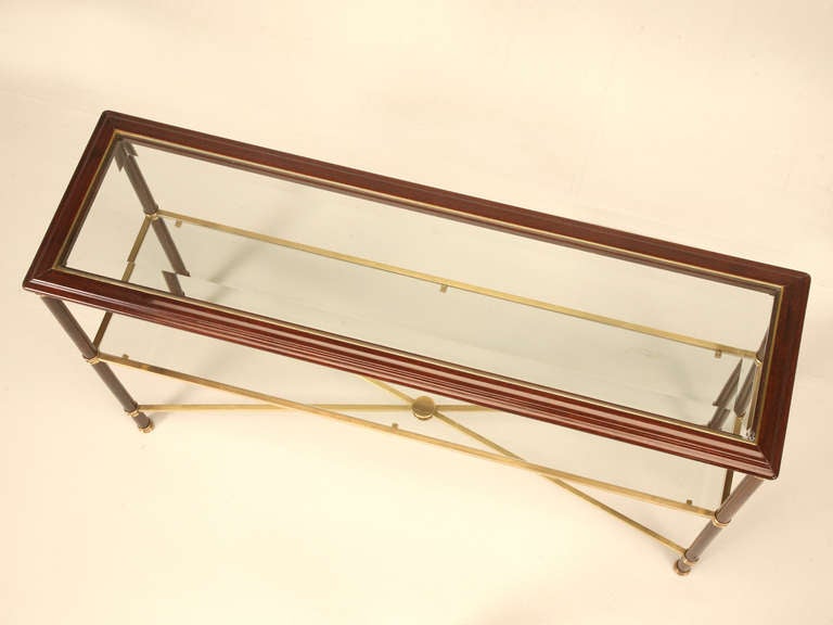 Classic French 40's Mahogany, Brass & Glass Two-Tier Sofa/Console Table