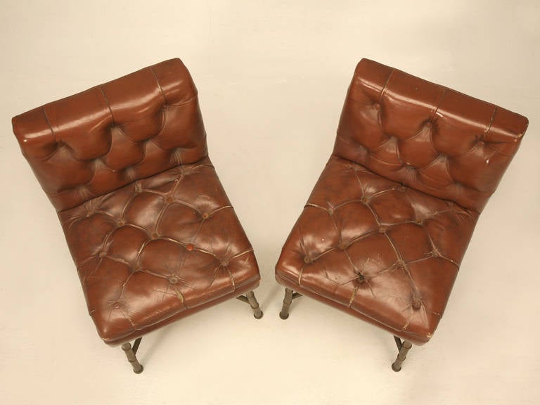 Cast French Leather and Bronze Chairs or Stools Style of Jacques Adnet, Unrestored