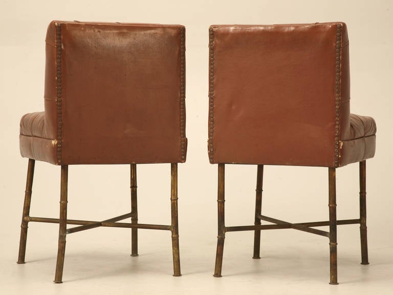 French Leather and Bronze Chairs or Stools Style of Jacques Adnet, Unrestored 4