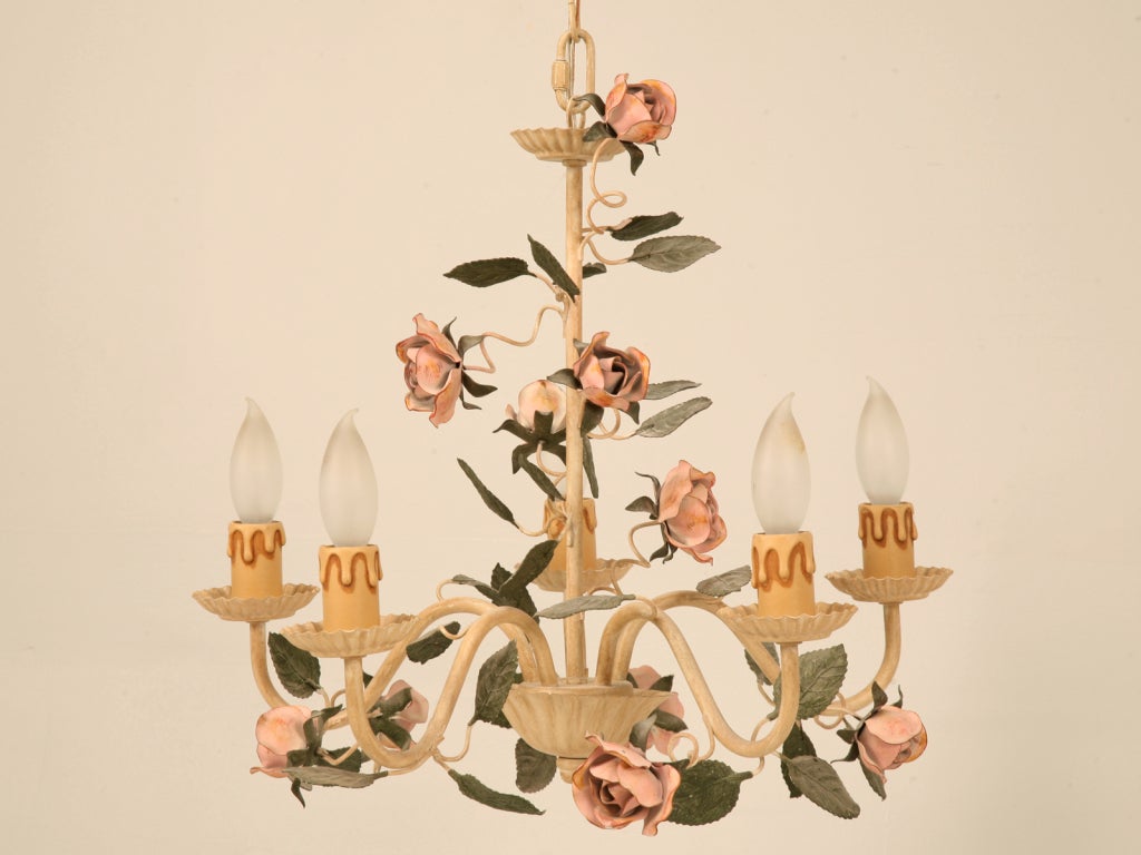 Vintage American "Rose" Tole Style 5 Light Chandelier at 1stDibs