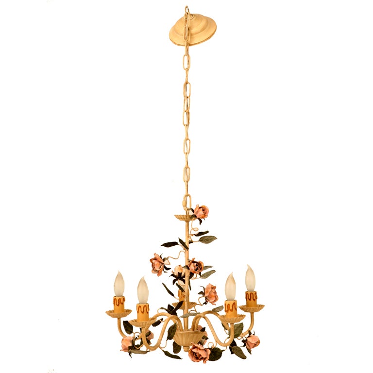 Vintage American "Rose" Tole Style 5 Light Chandelier at 1stDibs