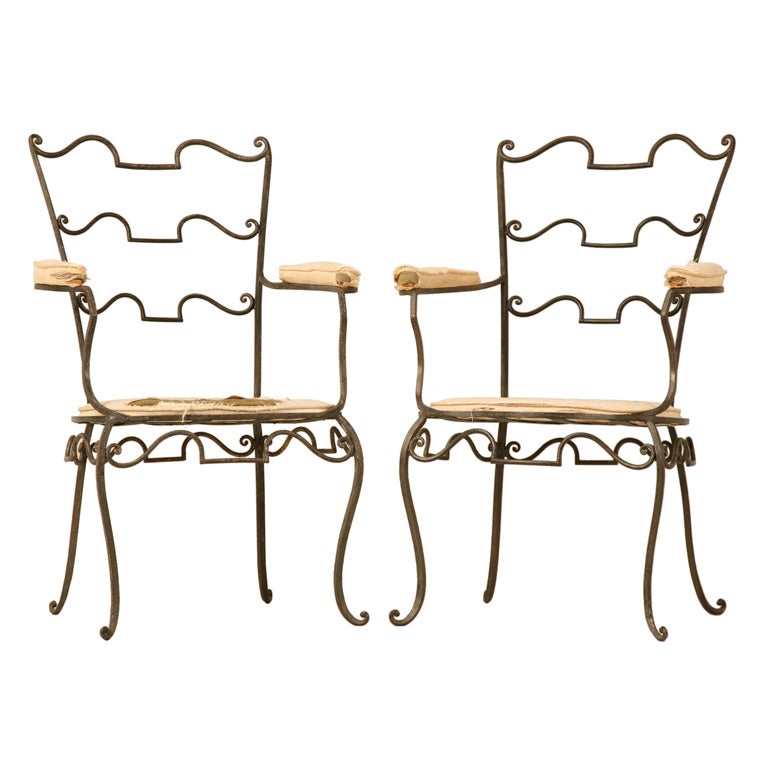 Orig. Pair-French 40's Wrought Iron Fauteuils att to René Prou