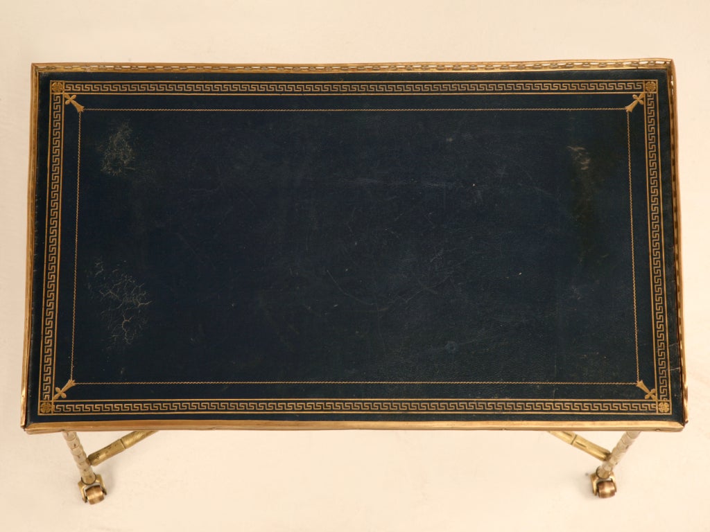 Petite French 40's Brass Faux Bamboo Table w/Gallery & Leather