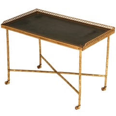 Petite French 40's Brass Faux Bamboo Table w/Gallery & Leather