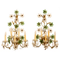 Pair of Large Vintage Italian 5 Lite Sconces with Cut Crystals Fitted as Flowers