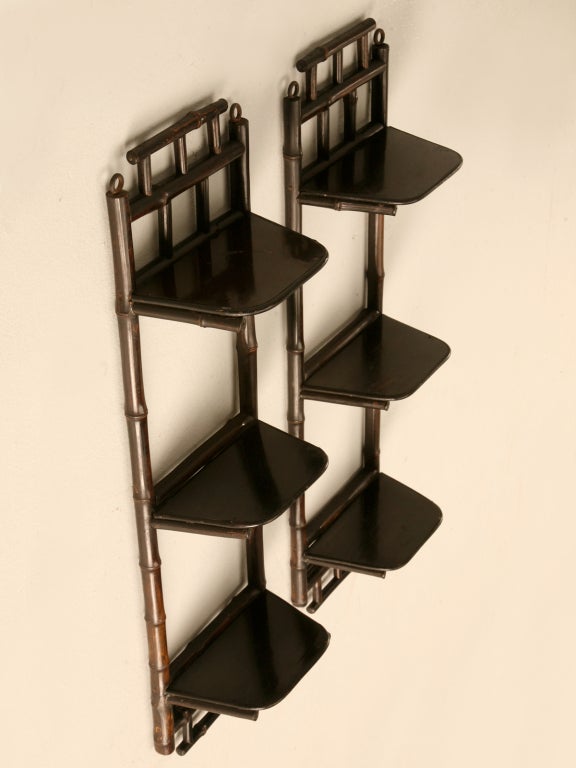 Pair of Antique English Japanned Bamboo 3 Shelf Wall Displays In Good Condition In Chicago, IL