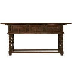 Rustic 17th Century Hand-Carved Spanish One-Board-Top Table with Three Drawers