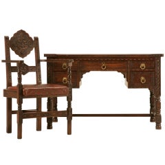 Exquisite Heavily Hand Carved Antique Spanish Desk & Chair Set