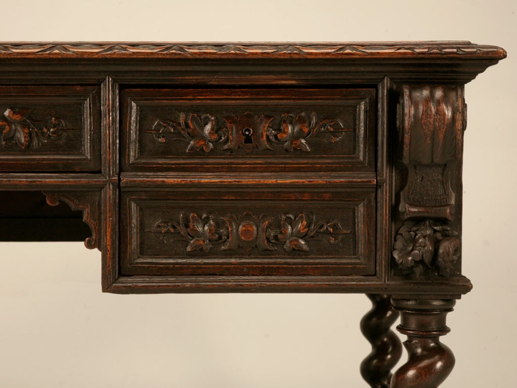 Remarkable Antique French Louis XII Carved Oak Barley Twist Desk 1