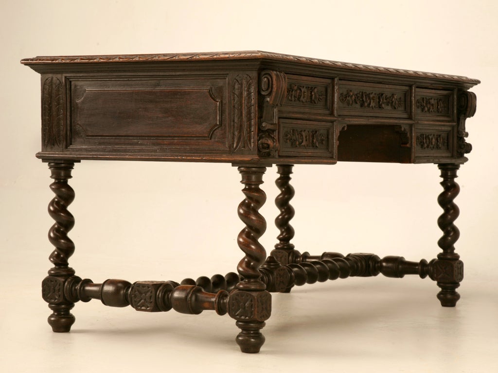 Remarkable Antique French Louis XII Carved Oak Barley Twist Desk 3