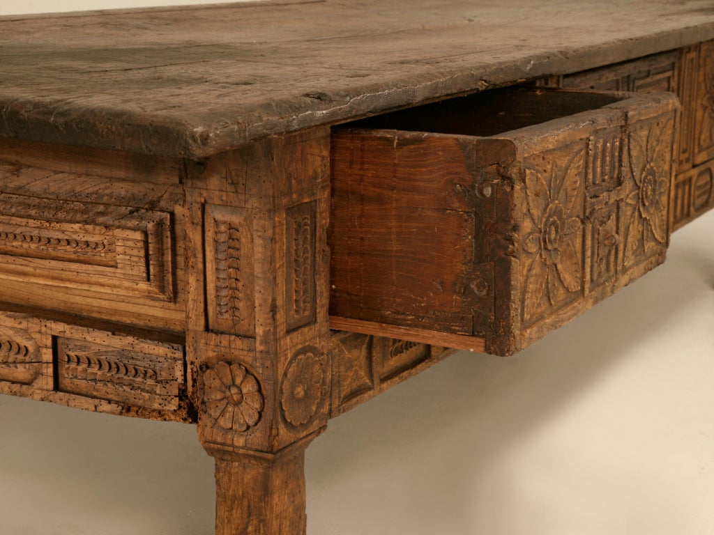 c.1680 Restored Original Carved Spanish 3 Drawer Coffee Table 2