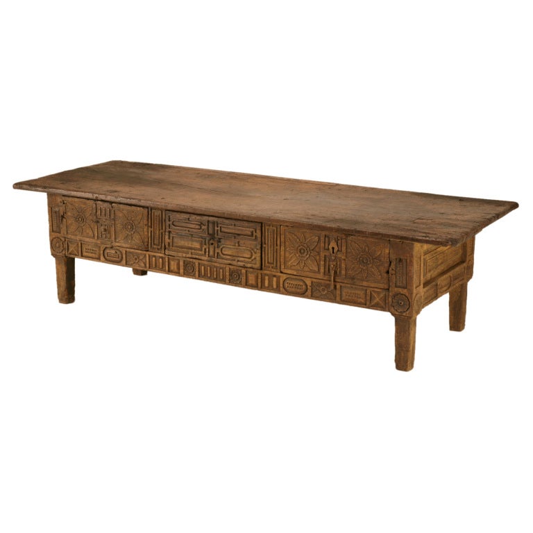 c.1680 Restored Original Carved Spanish 3 Drawer Coffee Table