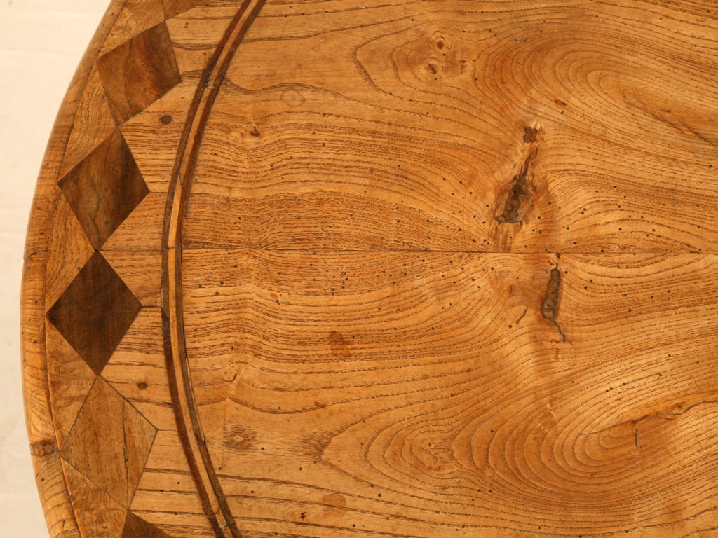 Country Ovoid Antique Continental Elm Table with Marquetry Diamonds and Stars