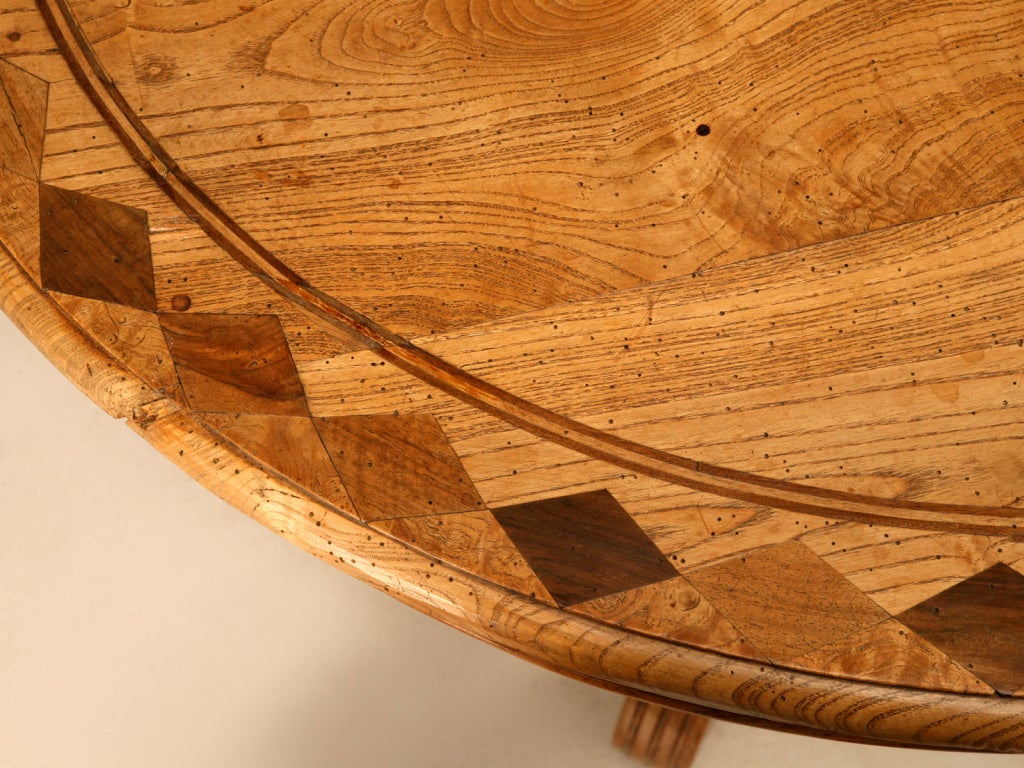 French Ovoid Antique Continental Elm Table with Marquetry Diamonds and Stars
